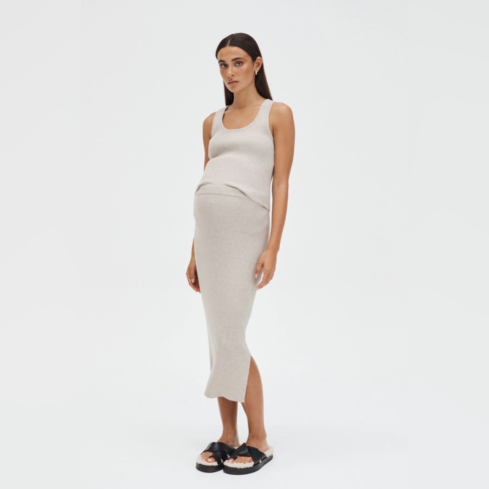 Ribbed Knit Midi Skirt in Light Beige